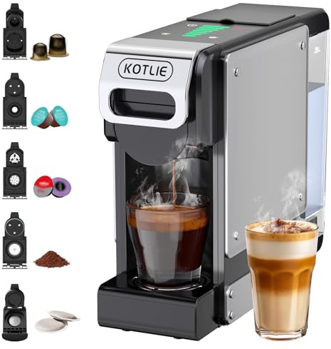 5 en 1 Máquina de Café en Cápsulas 19BAR para Lavazza MIO/Nespresso Original/Dolce Gusto cápsulas y Café Molido/ESE Pod, Máquinas Automáticas de Café Espresso en Cápsulas Pequeñas, 1L, 1450W
