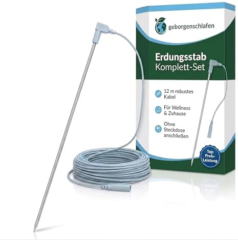 Geborgenschlafen Erdungsstab mit Kabel 12 m | 30 cm Erdungsspieß für Erdungssysteme – Erdungsstab für Erdungslaken & Erdungsmatten | Erdspieß Erdung ohne Steckdose – Erdungsstab für Zuhause