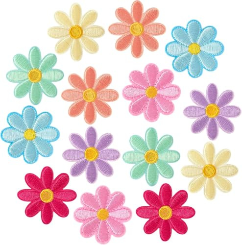 Colorato Toppe Fiori di Margherita 14 Pezzi 4cm Toppe Ricamate Termoadesivi Fiore Accessori per Ricamo Fai Da Te per Abbigliamento, Borse, Jeans