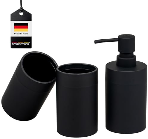 bremermann Savona Ensemble d'accessoires de salle de bain ronds avec surface douce au toucher, composé de 1 distributeur de savon et 2 gobelets, idéal pour la salle de bain et la cuisine, en plastique