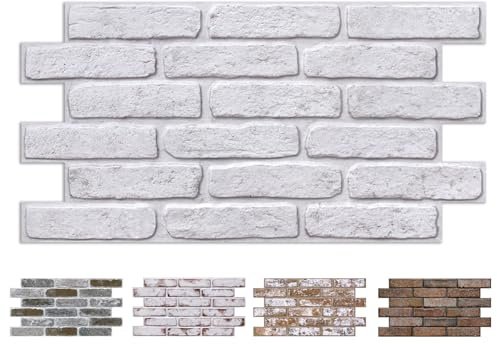 COMSTICKC 3D White Brick Wall Panel Self Adhesive Wall Stickers, 12 Sheets | 22.8 x 11.8, White with Gray Spots，Lightweight Thin PVC 3D Peel and Stick Fake Brick Decorative Tiles for DIY Wall Decor