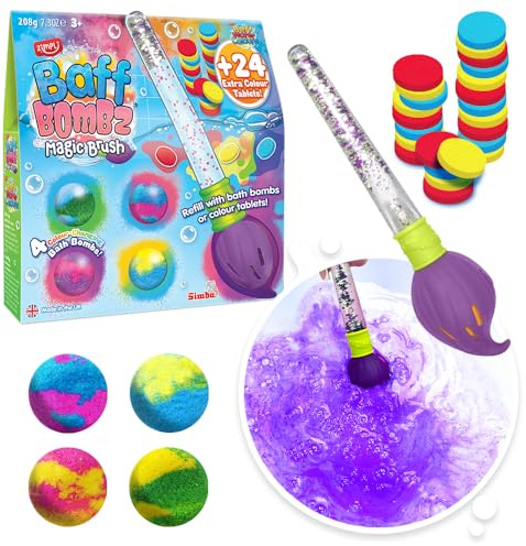 ZIMPLI Baff Bombz Magic Brush, 4 bombe da bagno e 24 pastiglie colorate, bacchetta magica. Dipingi magicamente l’acqua della vasca con questo giocattolo creativo. Giocattolo da bagno per bambini