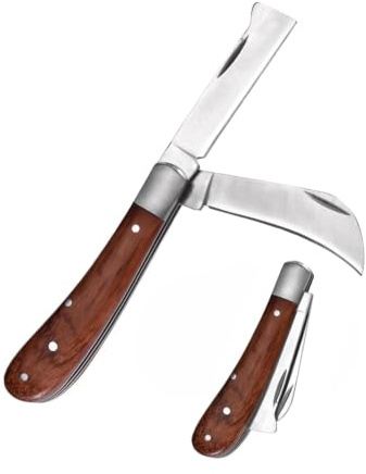 pclapora Serpette Greffoir Couteau à Greffer Pliant à Double Tranchant | Greffage Pliable en Acier Inoxydable Couteau à Greffer avec Manche en Acajou Convient pour le Semis et le Greffage