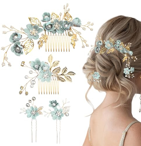Lot de 4 Accessoires Cheveux Mariage Vert avec Peigne à Cheveux et Épingles à Fleurs, Bijoux de Cheveux Élégants pour Mariée, Demoiselles d'Honneur et Invitées