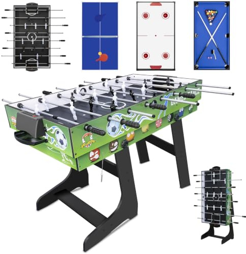 Hyner 4 in 1 121cm Billard Tischfußball Air Hockey Tischtennis mit Zubehör | Multifunktionale Spieltische, Zusammenklappbarer Tisch, Plattenwechsel, robustes Holz, platzsparend, ideale Familie