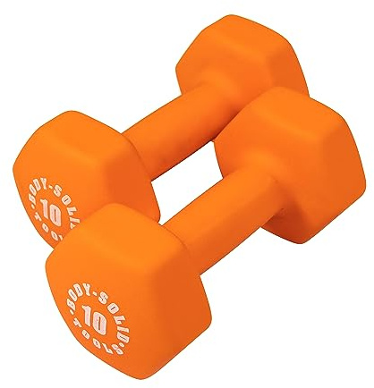 Body-Solid Tools (BSTND10PR) Neoprene Dumbbell for Weight and Aerobic Strength Training, Pilates & Physical Therapy, Hand Weights for Men and Women, Commercial and Home Gym Free Weights Hex End Dumbbells, Orange, 10lbs. Pair