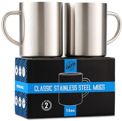 Tazas de doble pared de acero inoxidable: 100% libre de BPA, taza de café y té de metal de 15 onzas – tazas aisladas con asas mantienen las bebidas calientes o frías durante más tiempo – Duradero para