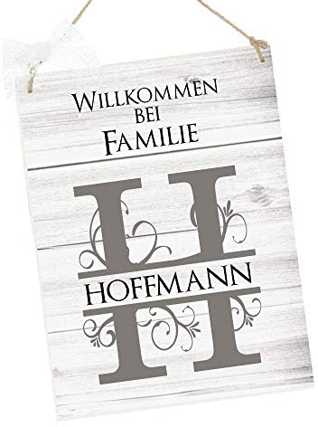 Türschild für die Haustür aus Holz mit Name und Buchstabe, Willkommen bei Familie ..., Haustürschild für die Haustür, besondere Geschenkidee