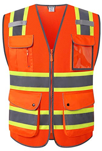 HATAUNKI Sicherheitswesten mit 9 Taschen und Reißverschluss vorne, Retroreflektion, Orange (Orange-04, Medium)