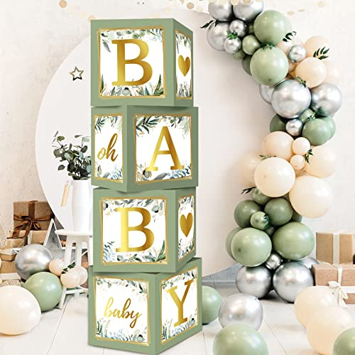 RUBFAC Baby Shower Boxes with Letters, 4pcs Sage Green Baby Shower Decorations for Boy Girl Balloon Boxes Gender Reveal Birthday Party Favors