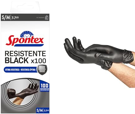 Spontex Guanti Monouso Nitrile Neri Resistente Black, 100 pezzi, Senza Lattice e Senza Polvere, Multiuso, taglia S/M