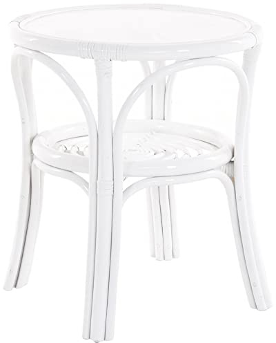 Korb-Outlet Rattantisch klein Ø 56 cm mit Holzplatte Beistelltisch rund Wohnzimmertisch (Weiss)
