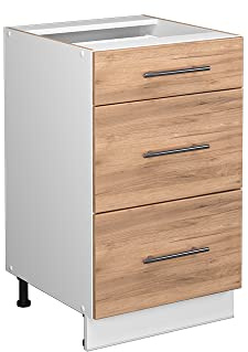Vicco Küchenunterschrank Fame-Line, Goldkraft Eiche, 50 cm | 3 Schubladen · Ohne Arbeitsplatte · Höhenverstellbare Füße · Metallgriffe · Metall-Vollauszüge
