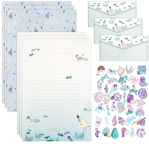 24 Blatter Briefpapier Briefumschlag Set，24 Briefpapier liniert mit 12 Briefkuverts 36 Stickerbogen，Briefpapier Mädchen Set für Kinder Weihnachten Party Geburtstag Grußkarten Einladungen Danksagungen