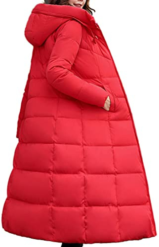 Onsoyours Chaqueta de Pluma Mujer Largo Invierno Cálido Chaqueta de Plumón con Capucha de Piel Sintética Ajustados Moda Abrigo Acolchado con Bolsillos y Cremallera Elegant Vintage A Rojo XL