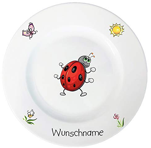 Doriantrade Speiseteller 27cm Kinderteller Teller Porzellan Marienkäfer personalisierbar mit Wunschname Name Kindergeschirr mit Namen personalisiert