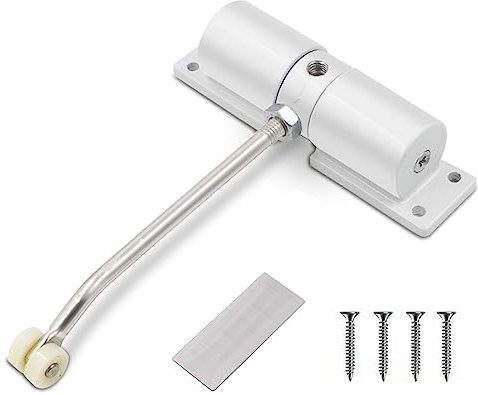 Cierrapuertas automático para puerta interior, cierrapuertas con resorte sin taladrar, carga máxima de 35 kg, cierre de puerta ajustable con placa de montaje y tornillos para puertas interiores,