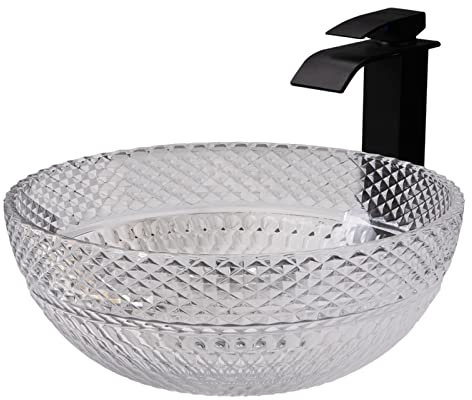 HESIEU Badezimmer-Waschbecken, Glas-Waschbecken, über der Theke, rundes, transparentes Waschbecken, 12 mm Dickes Kristall-Badezimmer-Waschbecken