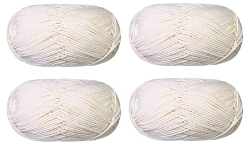 4 Rolls Cotton Blend Milk Yarn Fabric Wool Crochet Knitting Supplies Acrylic Crochet Yarn Soft Crochet Blend Milk Cotton Yarn Plain Knitting Wool for Handcrafts Jumpers Blankets Weaving (White)
