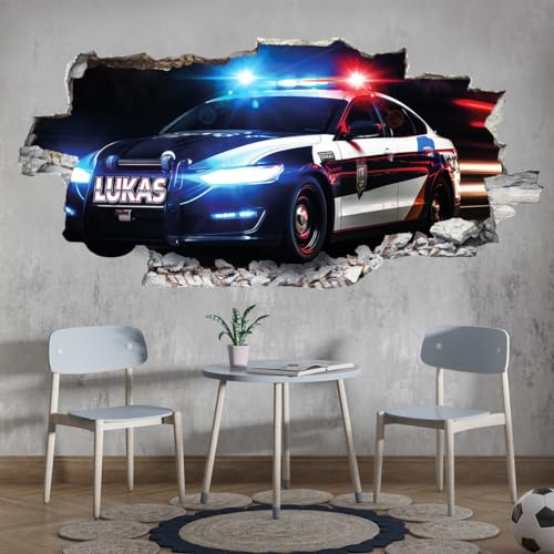 tjapalo® VZ105 3D Wandtattoo mit Namen Polizei Auto Wandaufkleber Kinderzimmer Junge Wandsticker Kinder Deko Wandbild, Größen Name: B110xH58cm