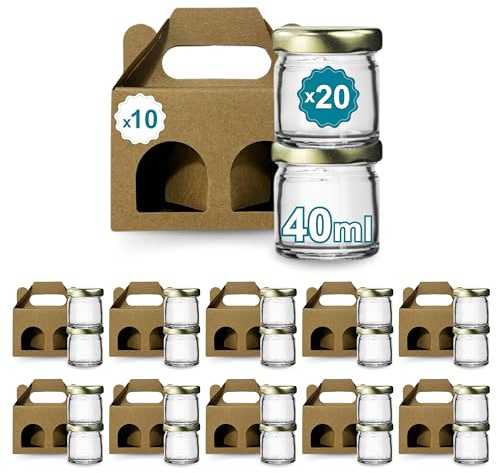 Espirito Rebelde Lot de 20 pots en verre vides avec couvercle de 40 ml avec 10 bôites en carton pour 2 pot de confiture - Inclut un couvercle à vis doré, pour confitures, conserves, miel