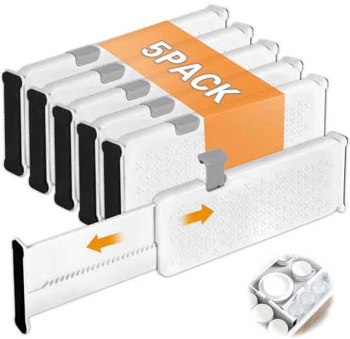 ZQEJEFD Juego de 5 separadores de cajones de plástico (28-44 cm), organizadores de cajones ajustables, sistema organizador de cajones para dormitorio, cocina, oficina