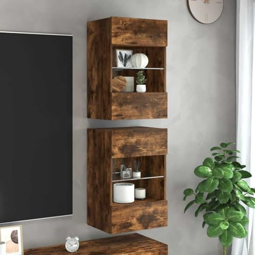 Homgoday TV-Wandschränke mit LED-Leuchten 2 STK. Schrankwand Fernsehschrank mit viel Stauraum, Anbauwand Wandmontage TV Möbel für Wohnzimmer Schlafzimmer Räuchereiche
