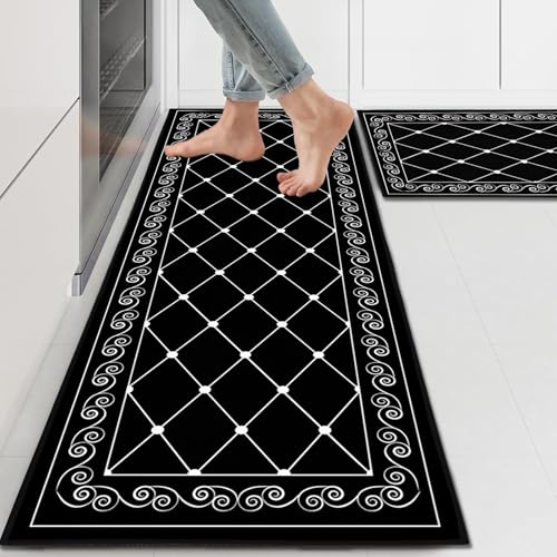 PQCXXA 2 Stück Küchenteppiche und Teppiche Öl aufnehmen Küche Matten Fußmatte Teppich Set für Küche, Wäscherei,Wohnzimme (Black Plaid, 43x150cm+43x75cm)