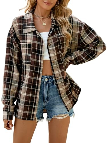 Decorie Camicia Donna Elegante a Quadri Maglia Donna Manica Lunga Top Donna Blusa Maglietta (Marrone,XL)
