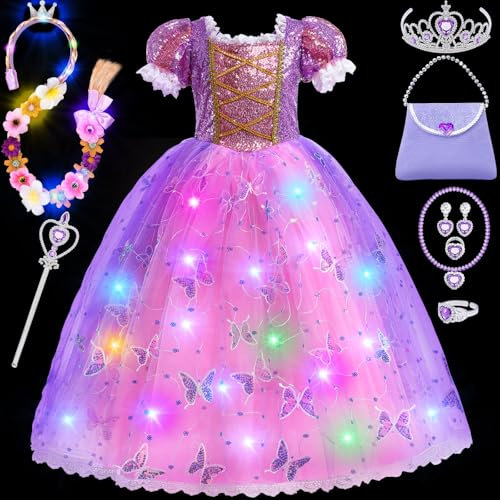 Toyssa Lumineux Robe Raiponce, Set Deguisement Princesse Fille avec Perruque Raiponce Sac à Main Couronne Princesse Baguette, Costume Princesse Fille Enfant 3 4 5 6 7 8 Ans Halloween Carnaval Cosplay