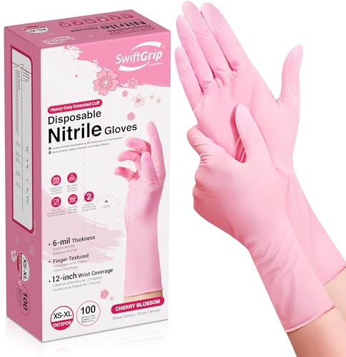 SwiftGrip Disposable Nitrile Dishwashing Gloves, Extended 12 Inches Cuff, 6-mil, Small, Cherry Blossom Cleaning Gloves for Latex-Free, Ideal for Cooking, Hair Dye, Spa (Box of 100)