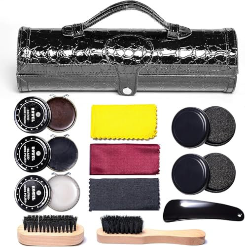 Shoe Polish Kit Cleaning Shine Care Barrel Set For Brown Black Leather With Brush Travel Case Luxury Premium Soft Horsehair Bristle Dauber,Shoehorn (Textured Black)