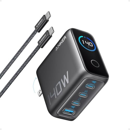 Anker MacBook Charger,140W Max 4-Port GaN USB C Charger Block with Smart Display,Fast Charger USB C Power Adapter,Touch Controls for MacBook,iPad,iPhone 17/16 Series (Include 5FT Cable,Non-Battery)