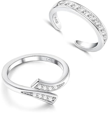 LeCalla 2Pcs 925 Sterling Silber Zehenringe Set für Frauen | Cubic Zirkonia verstellbare Band Ringe | Sommer Barfuß-Schmuck