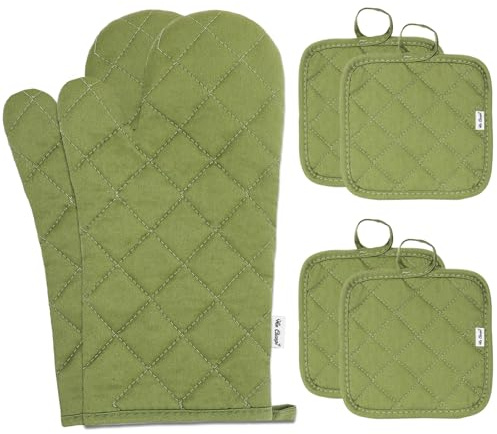 Win Change Oven Mitts and Pot Holders Sets,6 Pcs Oven Mitts and Potholders with Recycled Cotton High Heat Resistant Extra Thick Long Oven Mitts for Cooking(Green)