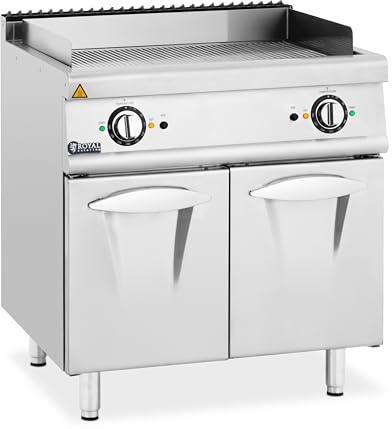 Royal Catering Doppel-Elektro-Grillplatte mit Unterschrank 10,8 kW geriffelt Überhitzungsschutz Spritzschutz entnehmbare Fettauffangschale 50-300 °C Edelstahl Chromstahl Griddleplatte