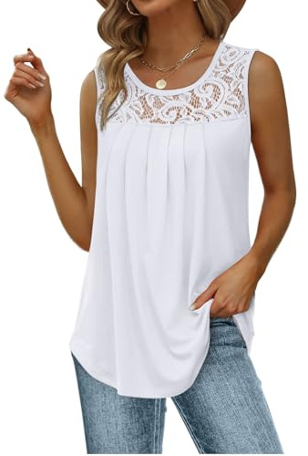 Aokosor Vests for Women Summer Sleeveless Tops Ladies Lace Tank Scoop Neck Curved Hem Flowy Shirt Size 22-24 White