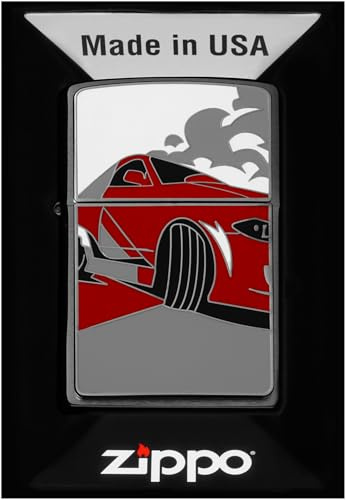 Zippo Sturmfeuerzeug - Racing Car, Brushed Chrome, Emblem - Nachfüllbar - Wiederverwendbar - Windfestes Design - Geschenkbox - Made in USA