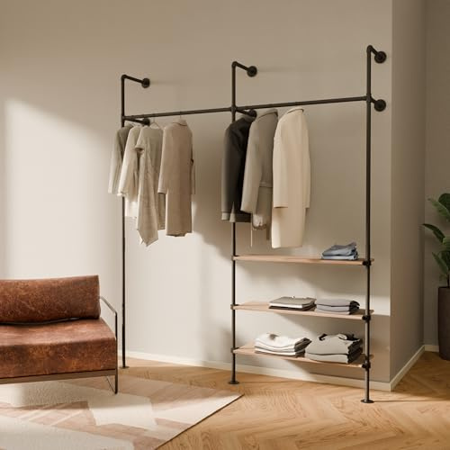 pamo Offener Kleiderschrank Wandmontage – 240 kg Traglast | 201 x 222 cm | Industrial, Begehbarer Kleiderschrank System mit Eichenholz-Regal, Wandsystem aus Wasserrohren Metall schwarz