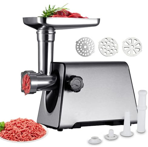 Picadora de carne eléctrica con 3 placas de acero (5 mm, 7 mm, abanico), 4 tubos de llenado para embutidos, picadora con cuchillas, máquina de kibbeh, máquina de albóndigas de carne