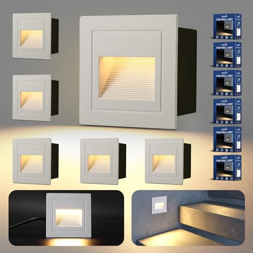 Letlit 6-Pack Eclairage Escalier 3W 300lm, Luminaire LED 230V 3000K, 85x85mm, IP65 Applique Encastrée, Luminaire D'escalier pour Escalier Mural, Douilles Encastrées 68mm, Aluminium Blanc