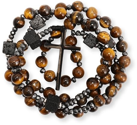 Nazareth Store Collier rosaire pour homme en onyx noir ou perles œil de tigre avec croix en laiton noir, bijoux religieux catholiques chrétiens, cadeau pour lui, 22 inches, Pierre, Pas de pierre
