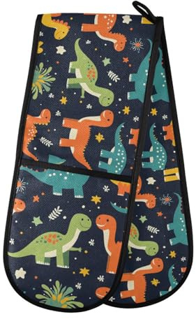 Quteprint Maniques doubles matelassées de 17,8 x 88,9 cm de long - Dinosaures colorés - Résistants à la chaleur - Pour pâtisserie, barbecue, barbecue et micro-ondes - Lavable en machine avec boucle de