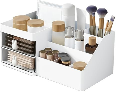 White Makeup Organizer with Drawer - Office Desktop Storage Box, Cosmetic Brush Holder, Plastic Vanity Organizer Beauty Organiser Desk Organizer for Countertop, Bathroom & Bedroom