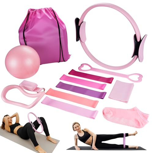 Jellybibo 13-teiliges Pilates-Ring-Set, inkl. Pilates-Ring, Yoga-Ball, Fitnessband, Spannungsring, Massagering, passend für Home-Gym-Fitnessgeräte
