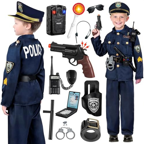 Hengrongshen Poliskostym barnset med polismössa handbojor grimma visselpipa, polisleksak för pojkar halloween leksak barn karneval cosplay för 4 till 6 år