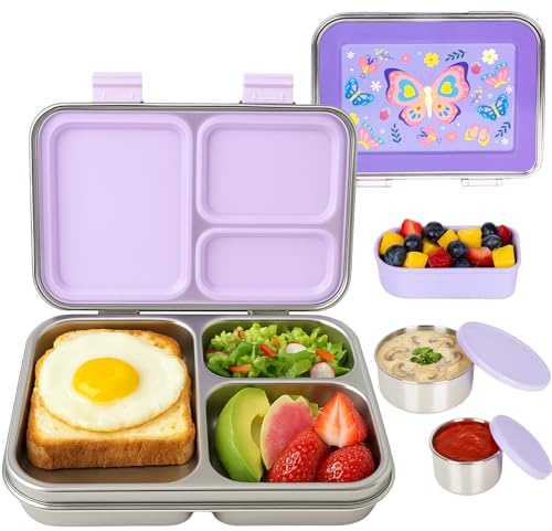PinkSheep Stainless Steel Bento Box Kids, 32oz/950ml BPA-Free Leak-Proof Lunch Box, 3-Compartment with 3 Food Containers, Freezer & Dishwasher Safe, Back to School Students Lunches (Butterfly)