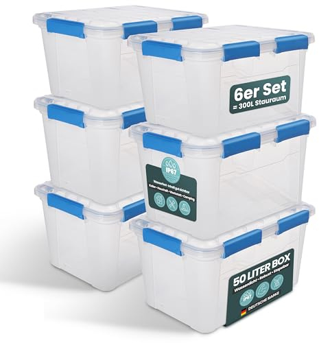Kreher® Aufbewahrungsbox 50 Liter mit Deckel – wasserdicht & staubdicht, transparent & stapelbar, BPA- & schadstofffrei, robuste Kunststoffbox mit Silikondichtung & 6 Clips (6, 50 Liter)