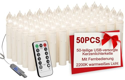 XMTECH 50er Set LED Christbaumkerzen Kabellos mit Fernbedienung & Timer, Flammenlose USB Weihnachtskerzen mit Kerzenkopffarbe Transparent, Warmweiß für Weihnachtsbaum, Tischdeko, Party & Hochzeit