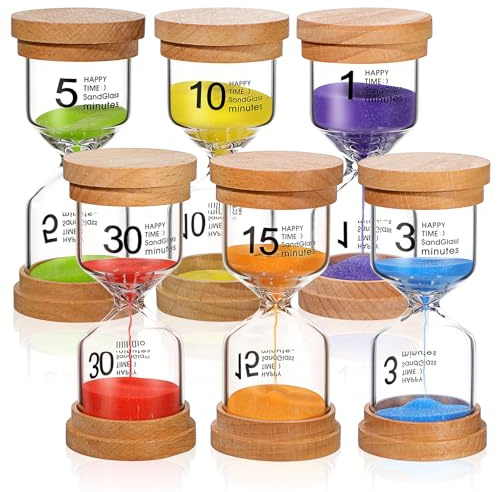 6 Pack Wooden Sand Timer Set Operation Colorful Hourglass Timer Sandglass 1/3/5/10/15/30 Minutes Wood Sand Clock for Back to School Classroom Office Kitchen Cooking Home